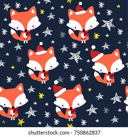 Seamless pattern with cartoon fox and snowflakes. Winter pattern for wrapping paper, web, textiles, fabric, clothes, pajamas.