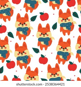 seamless pattern cartoon fox wearing blue scarf with red apple and leaves. cute autumn vibes wallpaper for fabric print, gift wrap paper