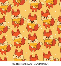 seamless pattern cartoon fox in winter day. cute christmas and winter wallpaper for fabric print, gift wrap paper