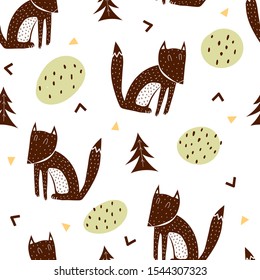 Seamless pattern with cartoon foxes, Christmas trees, decor elements. vector hand drawing illustration. flat scandinavian style. ornament. children's design for textiles, fabrics, prints, wrappers