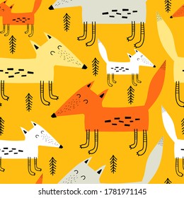 Seamless pattern with cartoon foxes, decor elements on a neutral background. colorful vector for kids, flat style. hand drawing. animals. Baby design for fabric, textile, print, wrapper.