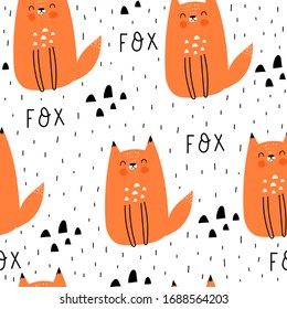 Seamless pattern with cartoon foxes, hand drawing lettering, decor elements. colorful vector for kids, flat style.  animals. Baby design for fabric, textile, print, wrapper.