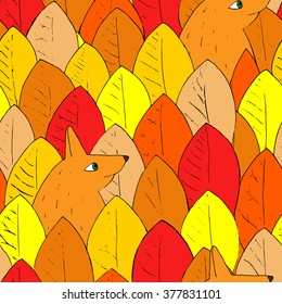 Seamless pattern: cartoon foxes hiding among autumn leaves