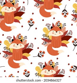 Seamless pattern with cartoon foxes, leaves, twigs. Vector in flat style.. Hand drawing for children. baby design for fabric, textile, wrapper, print.
