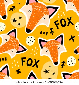 Seamless pattern with cartoon foxes, lettering, stars, decor elements on a neutral background. vector. Hand drawing for children. Scandinavian style. baby design for fabric, textile, wrapper, print.