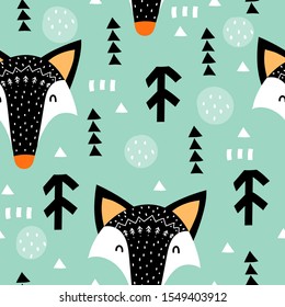 Seamless pattern with cartoon foxes, tree, decor elements on a neutral background. vector. Hand drawing for children. Scandinavian style. ornament baby design for fabric, textile, wrapper, print.