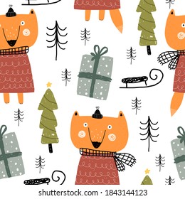 Nahtloses Muster mit Cartoon-Füchsen, Bäumen, Dekorelementen. bunter Vektorgrafik für Kinder, flacher Stil. Handzeichnung. Tiere. Babydesign für Gewebe, Textilien, Druck, Wrapper.