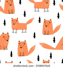 Seamless pattern with cartoon foxes, trees. colorful vector for kids, flat style. hand drawing. animals. Baby design for fabric, textile, print, wrapper.