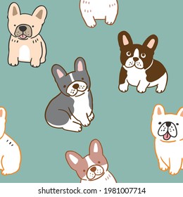 Seamless Pattern with Cartoon French Bulldog Illustration Design on Green Background