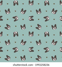 Seamless Pattern with Cartoon French Bulldog Face and Heart Design on Green Background