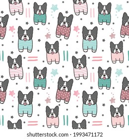 Seamless Pattern with Cartoon French Bulldog Illustration Design on White Background