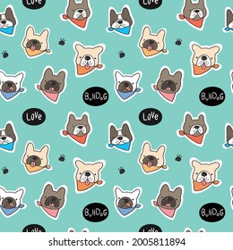 Seamless Pattern with Cartoon French Bulldog Face Design on Green Background