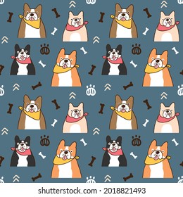 Seamless Pattern of Cartoon French Bulldog Illustration Design on Dark Blue Background