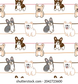 Seamless Pattern of Cartoon French Bulldog Puppy Design on White Background with Wavy Lines