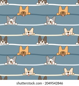 Seamless Pattern with Cartoon French Bulldog Face and Line Design on Dark Blue Background