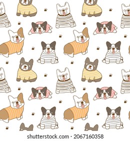 Seamless Pattern with Cartoon French Bulldog and Paw Design on White Background