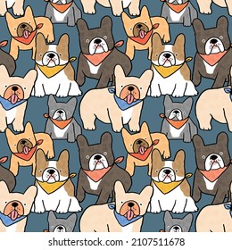 Seamless Pattern with Cartoon French Bulldog Design on Dark Blue Background