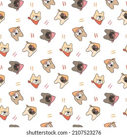 Seamless Pattern with Cartoon French Bulldog Face Design on White Background