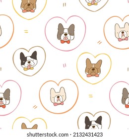 Seamless Pattern with Cartoon French Bulldog Face and Heart Design on White Background