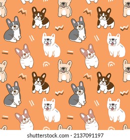 Seamless Pattern of Cartoon French Bulldog Design on Orange Color Background