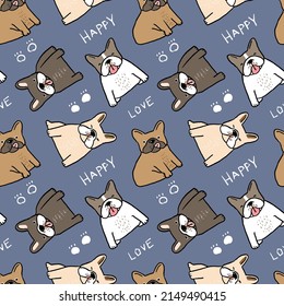 Seamless Pattern with Cartoon French Bulldog Design on Dark Blue Background