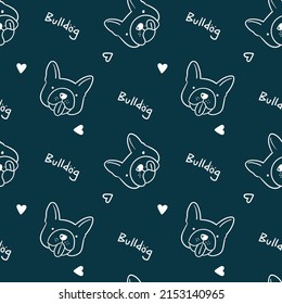 Seamless Pattern with Cartoon French Bulldog Face Doodle Design on Dark Blue Background