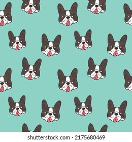 Seamless Pattern with Cartoon French Bulldog Face Design on Green Background