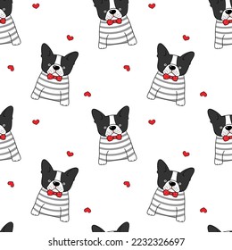 Seamless Pattern with Cartoon French Bulldog and Heart Design on White Background