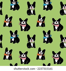 Seamless Pattern with Cartoon French bulldog Design on Green Background