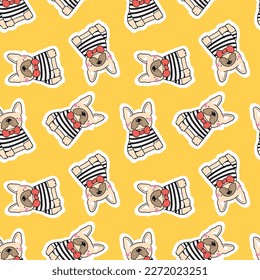 Seamless Pattern of Cartoon French Bulldog Design on Yellow Background