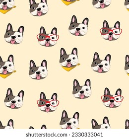 Seamless Pattern of Cartoon French Bulldog Face Design on Yellow Background