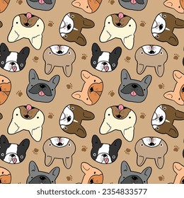 Seamless Pattern with Cartoon French Bulldog Face Design on Brown Background