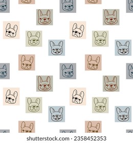Seamless Pattern of Cartoon French Bulldog Face and Square Design on White Background