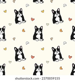 Seamless Pattern with Cartoon French Bulldog and Heart Design on Light Yellow Background