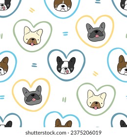 Seamless Pattern of Cartoon French Bulldog Face and Heart Design on White Background