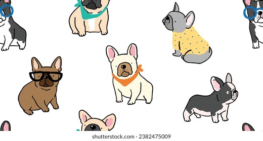 Seamless Pattern of Cartoon French Bulldog Design on White Background