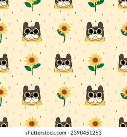 Seamless Pattern with Cartoon French Bulldog Face and Sunflower Design on Yellow Background