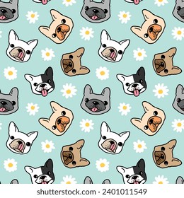 Seamless Pattern with Cartoon French Bulldog Face and Flower Design on Light Green Background