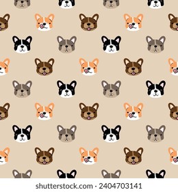 Seamless Pattern of Cartoon French Bulldog Face Design on Light Brown Background