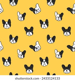 Seamless Pattern of Cartoon French Bulldog Face Design on Yellow Background