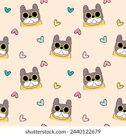 Seamless Pattern of Cartoon French Bulldog Face and Heart Design on Beige Color Background