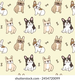 Seamless Pattern of Cartoon French Bulldog Design on Light Yellow Background