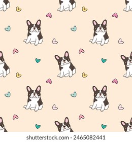 Seamless Pattern of Cartoon French Bulldog and Heart Design on Beige Color Background