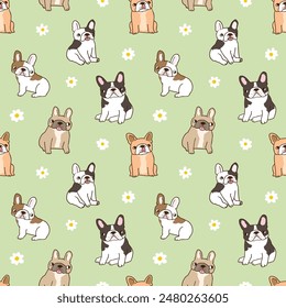 Seamless Pattern with Cartoon French Bulldog and Flower Design on Light Green Background