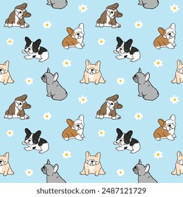 Seamless Pattern with Cartoon French Bulldog and Flower Design on Light Blue Background