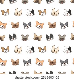 Seamless Pattern with Cartoon French Bulldog Face Design on White Background. Hand Drawn Vector Illustration. Not AI Generated.