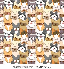 Seamless Pattern of Cartoon French Bulldog Dog Illustration. Hand Drawn Vector Illustration. Not AI Generated.