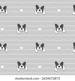 Seamless Pattern of Cartoon French Bulldog Design on Grey Background with White Lines. Hand Drawn Vector Illustration. Not AI Generated.