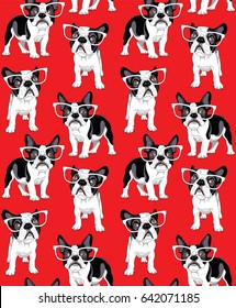 Seamless pattern with cartoon French Bulldog in a glasses on a red background. Vector illustration.