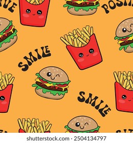 Patrón sin fisuras con dibujos animados 
 Patatas fritas y hamburguesa para textiles. Textil de fondo de moda, impresiones, productos de papel, el Web. 